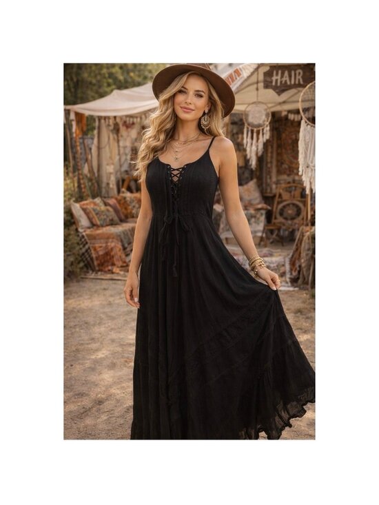 Sempre Dresses & Skirts - Black Boho Lace Up Maxi Dress Embroidered Smocked Back Free Size REN Fair witchy